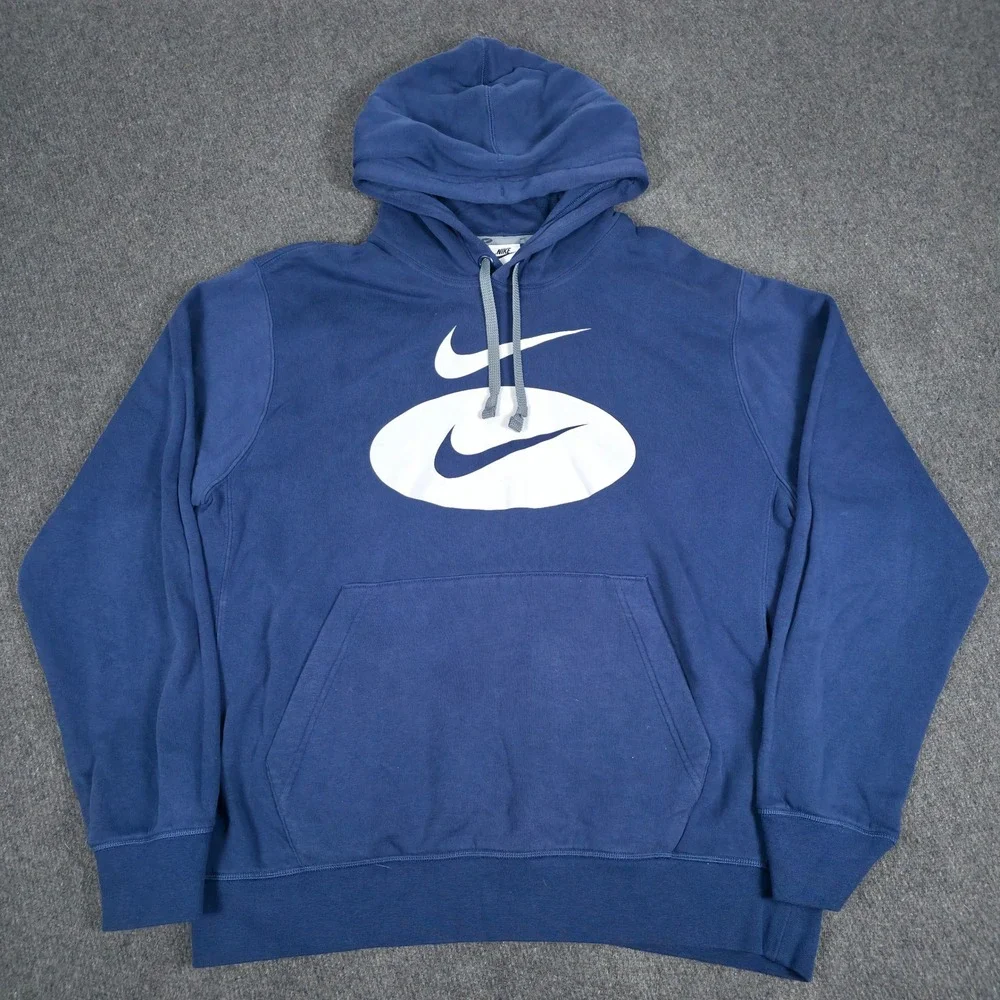 Nike Hoodie Mens Large Blue Double Center Swoosh Graphic Pullover Fleece EUC
